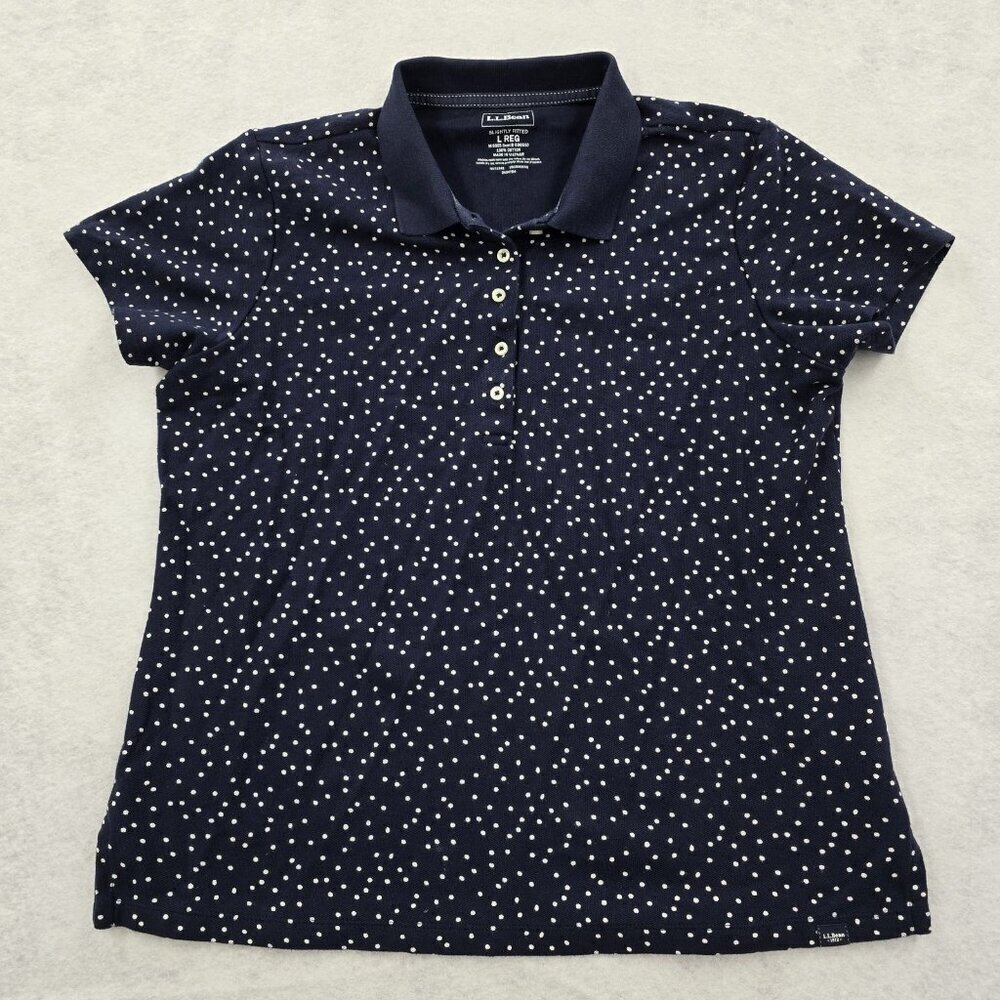 LL Bean Slightly Fitted Shirt Sleeved Polo Shirt Size Large Navy White Polka Dot